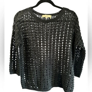 Loft black crochet open knit boat neck 3/4 sleeve sweater
